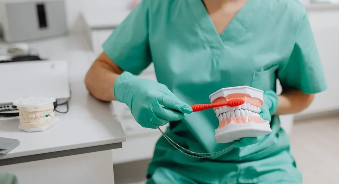 Dental assistant holding large toothbrush and large model of teeth